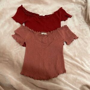 Off The Shoulder Smocked Ruffled Cropped Tops Red Pink Mauve Crop Bundle